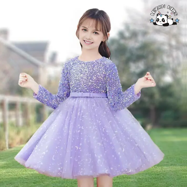 LEZONKIDS - 2024 Novas Tendências de Vestidos com Lantejoulas Roxos para Crianças com Mangas Longas para Primavera e Outono